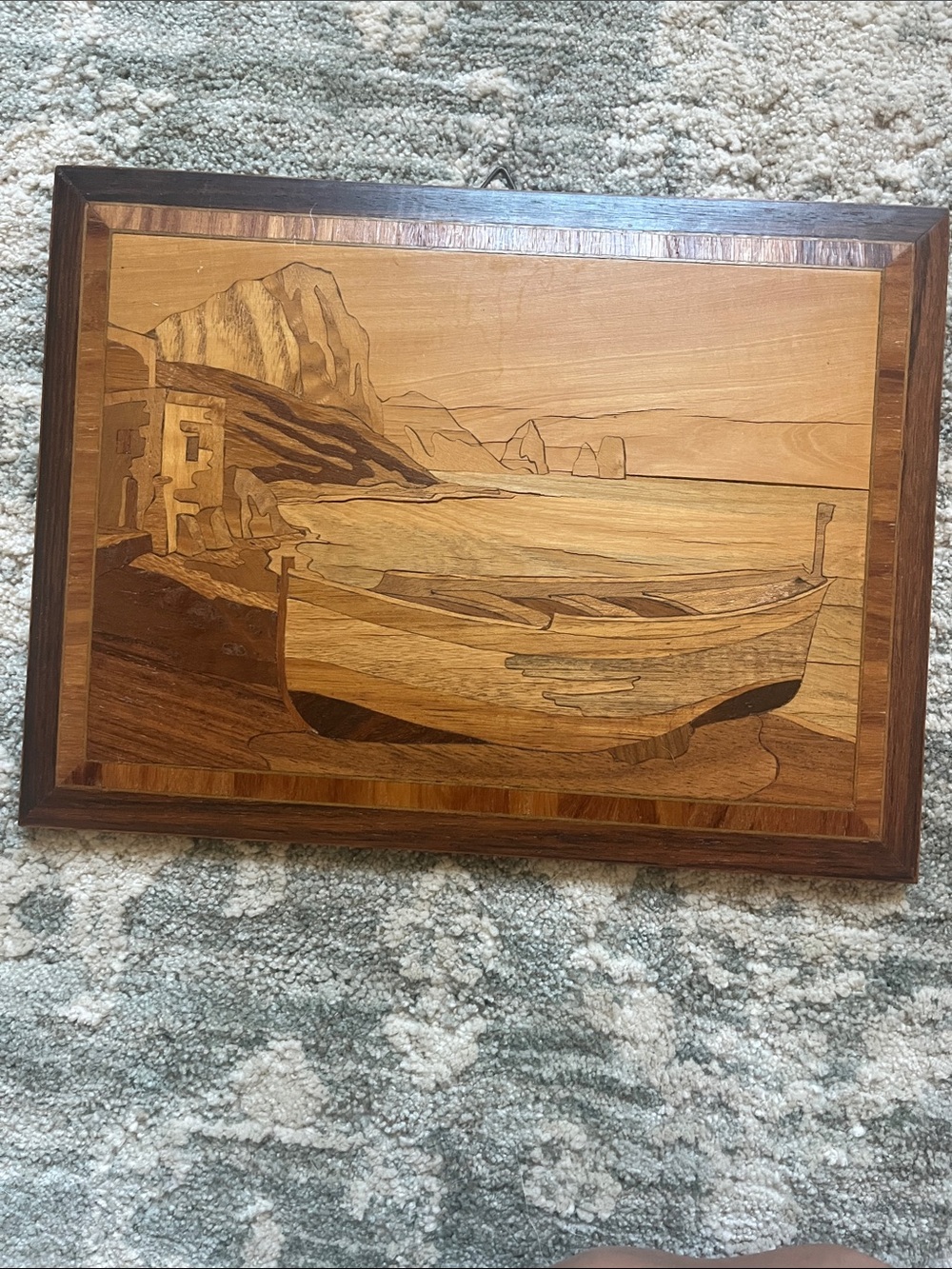 Handcrafted Marquetry Boat Scene Wall Art in Natural Wood Tones